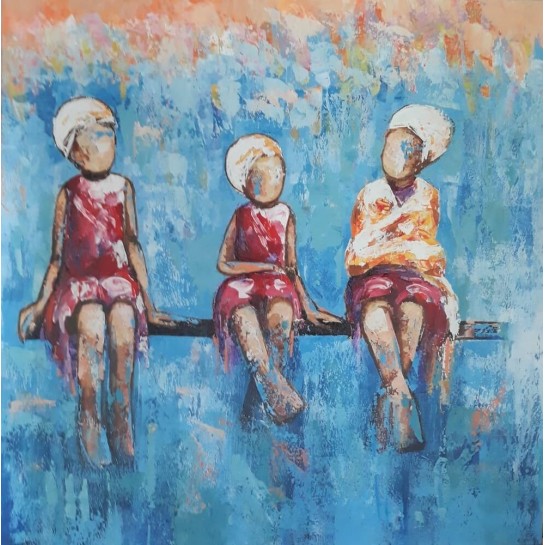 Tableau cadre filles sur un banc 80x80 cm