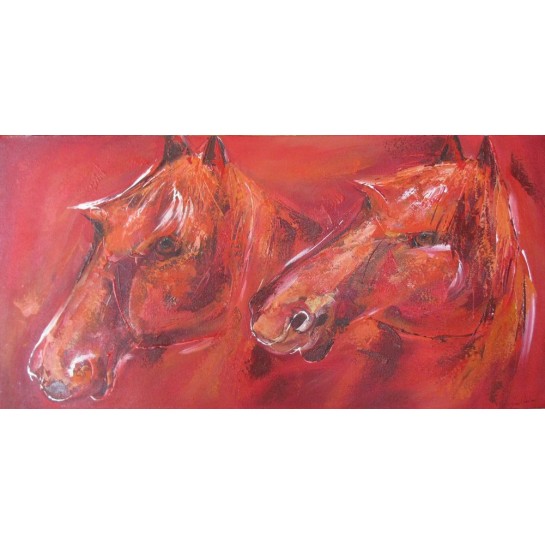 TABLEAU CHEVAUX SUR FOND ROUGE- 120x60 cm