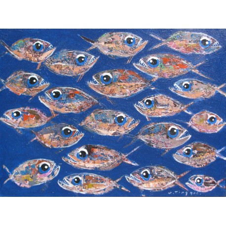 Tableau banc de poissons sur fond bleu mer- 80x60 cm - Tinggal