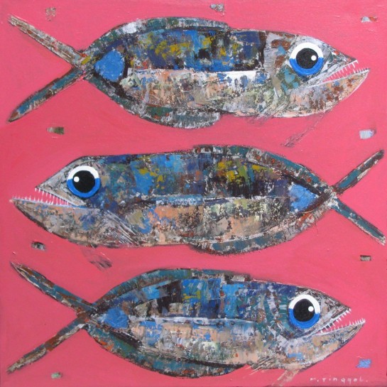 Poissons sur fond rose-Tableau deco carré- 90x90 cm