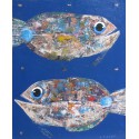 Tableau gros poissons sur fond bleu mer- 110x90 cm 