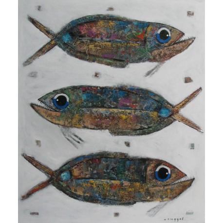 Peinture huile poissons sur fond blanc- 120x100 cm