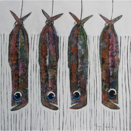 Poissons pendus sur fond blanc- Tableau déco cuisine 120x120 cm