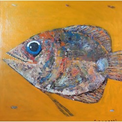 Peinture sur cadre gros poisson sur fond jaune foncé format 70x70 cm