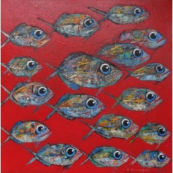 Peinture poissons fond rouge- 80c80 cm