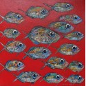 Peinture poissons fond rouge- 80x80 cm