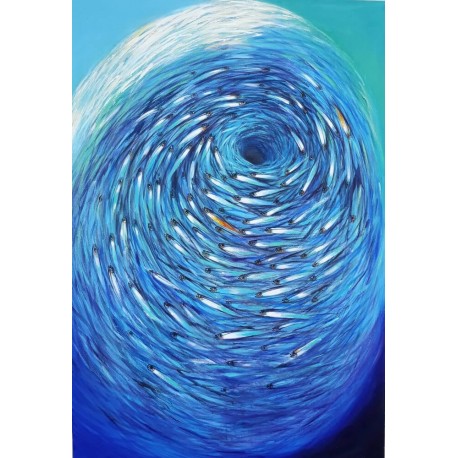 Grand tableau poissons 110x160 cm fond bleu