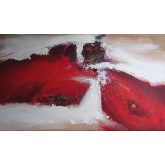 TABLEAU ABSTRAIT HORIZONTAL ROUGE BLANC BRUN- 150x90 cm