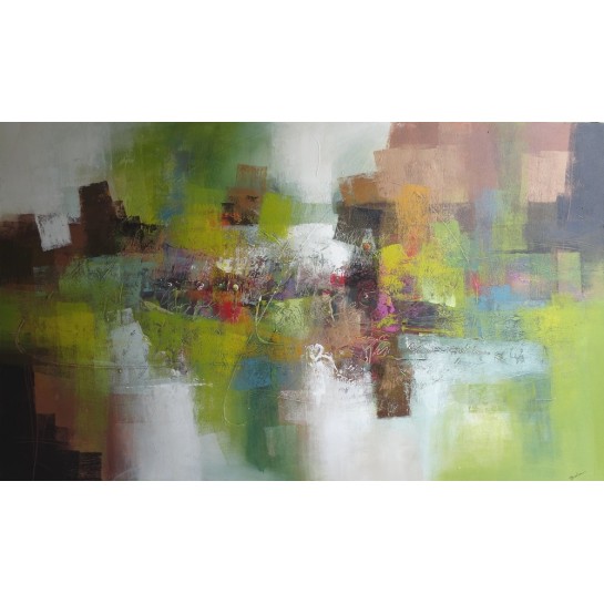 TABLEAU ABSTRAIT-TON VERT-BLANC-MARRON-200x120