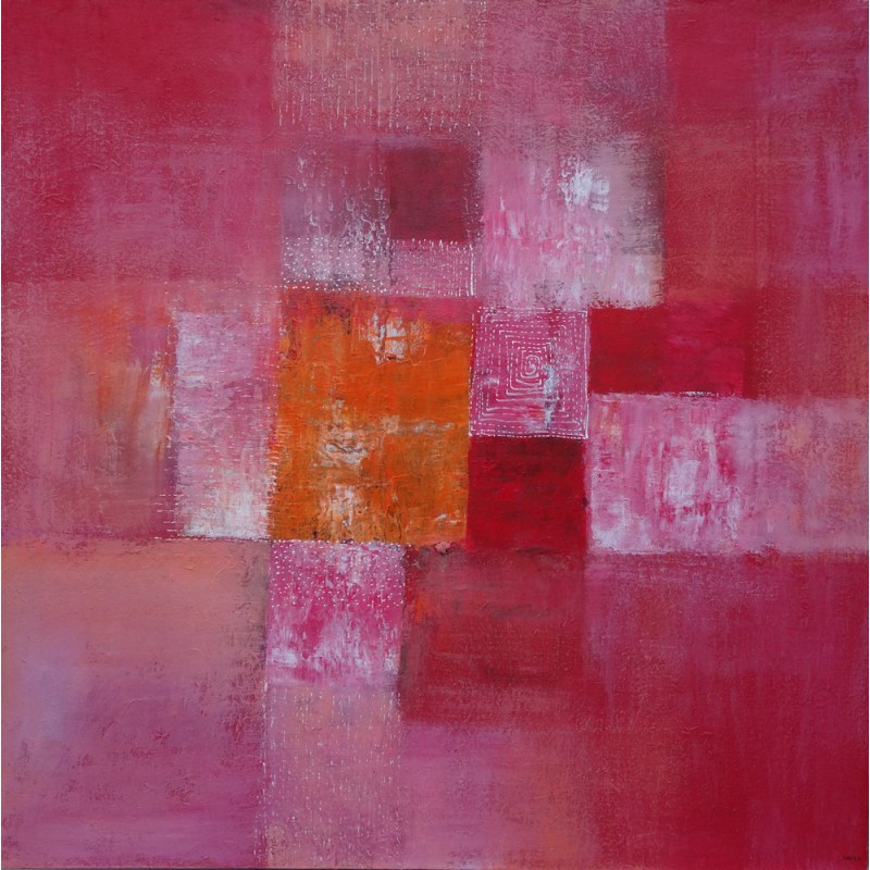 Tableau abstrait rose framboise 100x100cm, peinture moderne fait main