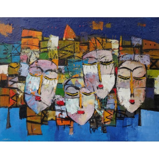 Tableau masques colorés fond bleu 90x70 cm