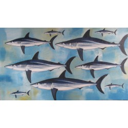 Tableau horizontal requins sur fond bleu- 140x80 cm