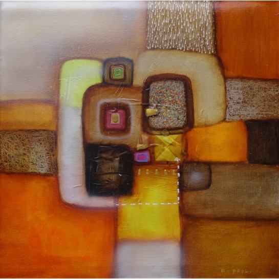 Tableau abstrait contemporain orange et brun 60x60 cm