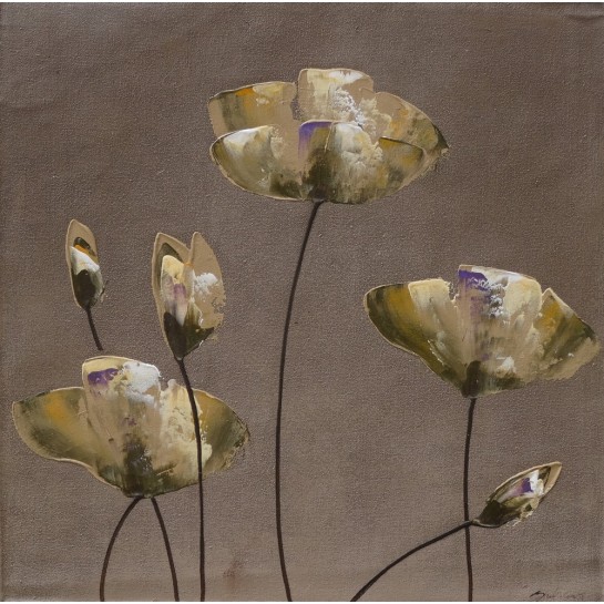 Tableau déco zen fleurs sur fond gris-brun - 60x60 cm