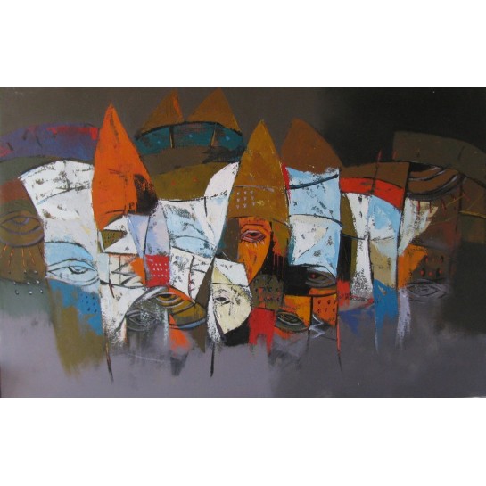 Tableau horizontal masques colorés-fond brun-gris- 140x90 cm