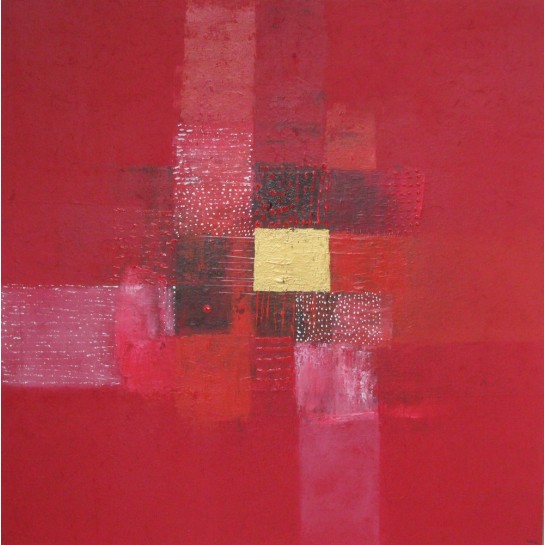 Toile contemporaine carrée rouge -90x90 - Peintre Suarsa